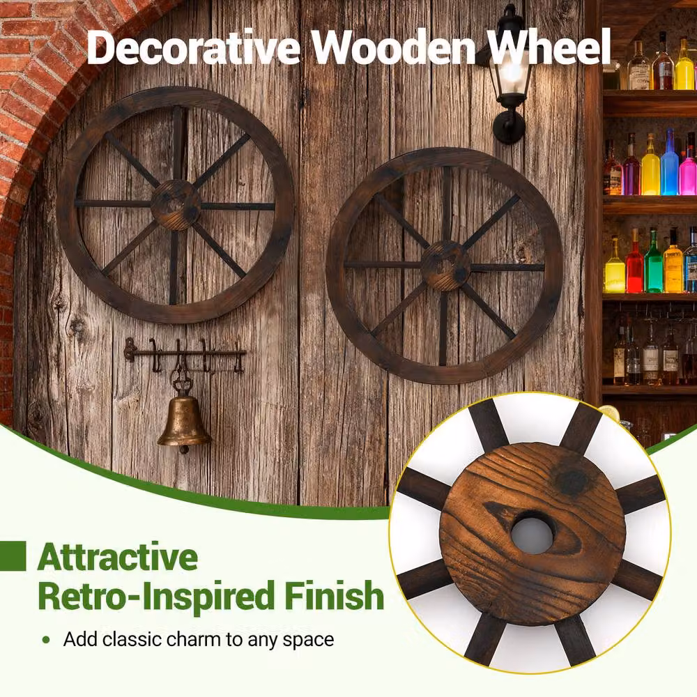 Costway Set of 2 Rustic Wood Wagon Wheels Vintage Wall Hanging Decoration, Brown, Diameter: 60.96 cm – 10