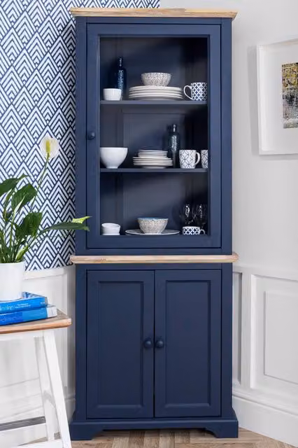 Statement Furniture Florence Corner Display Cabinet with Glass Doors in Navy Blue, W78cm x D35cm x H200cm
