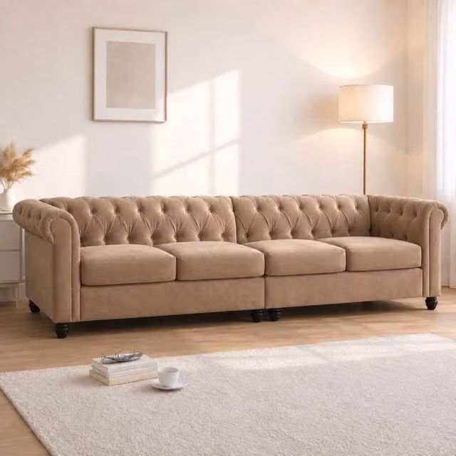 Sofaya Hampton 4 Seater Chesterfield Velvet Sofa in Brown and Beige – 1