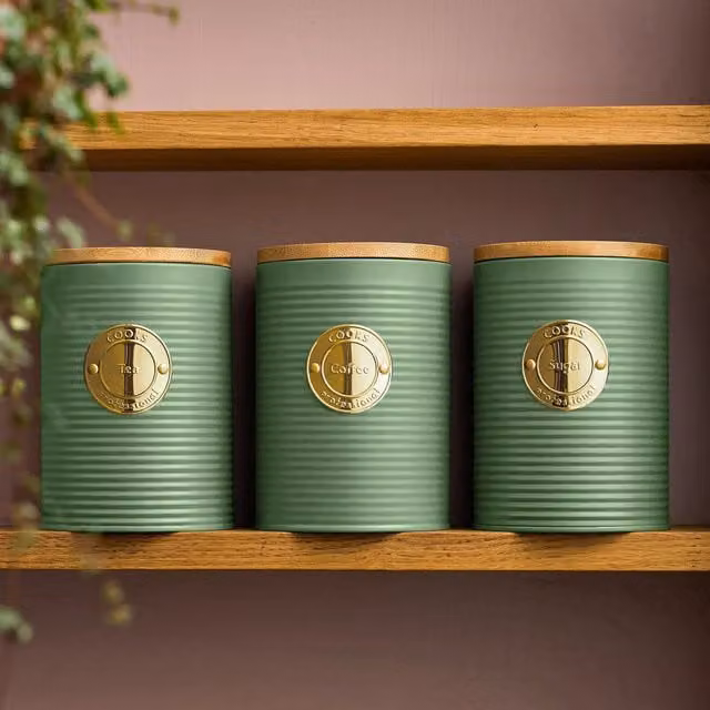 Cooks Professional 3-Piece Airtight Kitchen Storage Set with Ribbed Stainless Steel and Bamboo Lids in Green and Gold