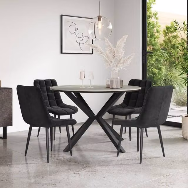 More4Homes Calne Light Grey Ceramic Round Dining Table and 4 Black Nova Velvet Chairs