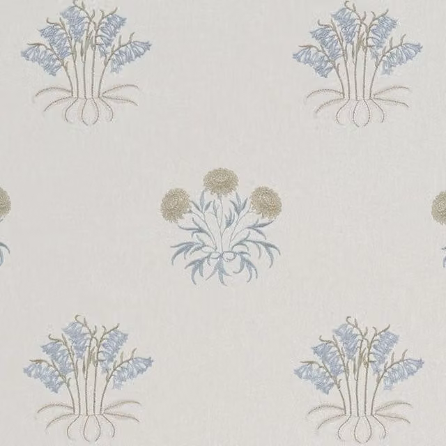 William Morris At Home Lily Flower Embroidered Fabric in Woad Blue and Multicolour