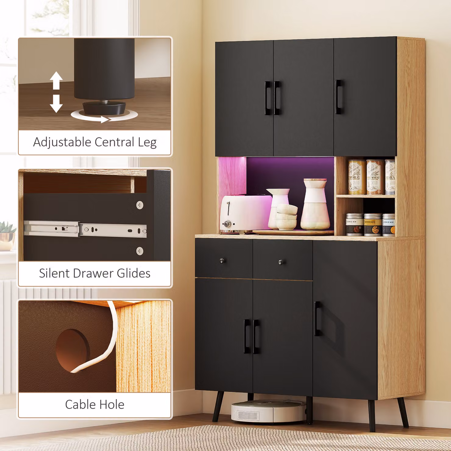 HOMCOM Modern Oak and Black Kitchen Cupboard with LED Lighting, Height: 176 cm, Width: 100 cm, Depth: 48.6 cm – 7
