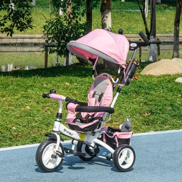 HOMCOM 6-in-1 Pink Toddler Tricycle with Canopy and Parent Push Handle