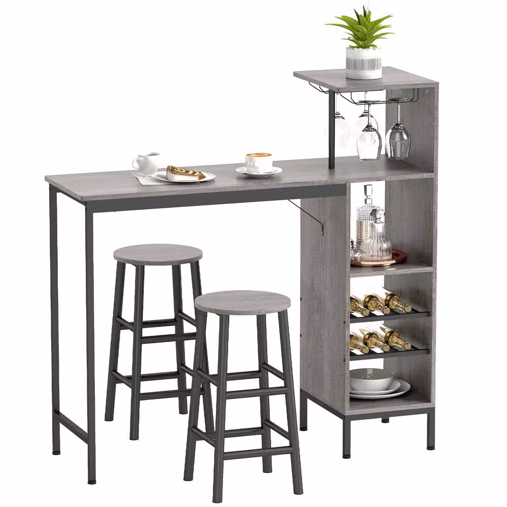 HOMCOM 3 Piece Dining Room Set with 6-Tier Rectangular Table and Stools in Natural, Black and Grey Finish – 2
