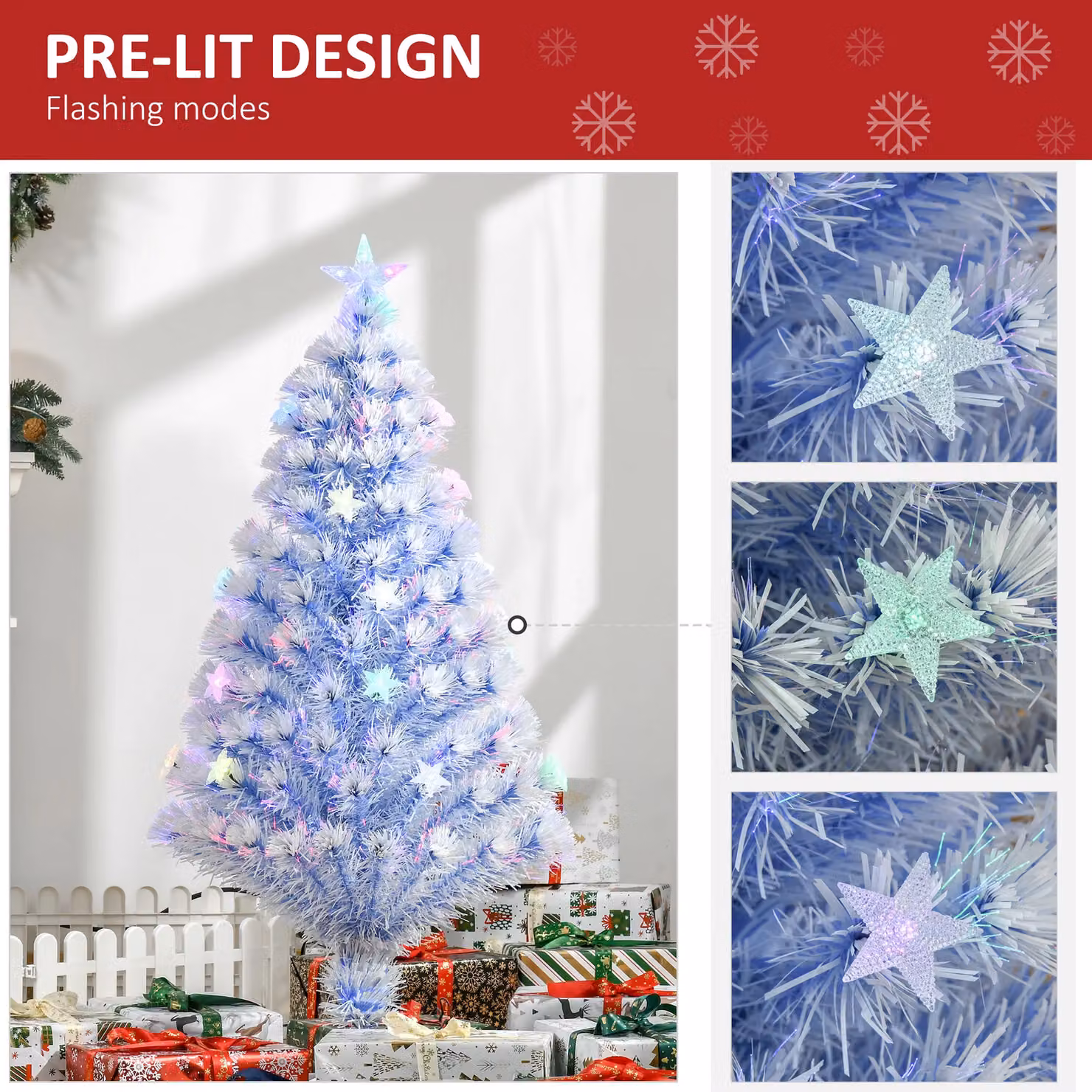 HOMCOM Artificial Fibre Optic Christmas Tree with RGB LED Lights in White and Blue – 3