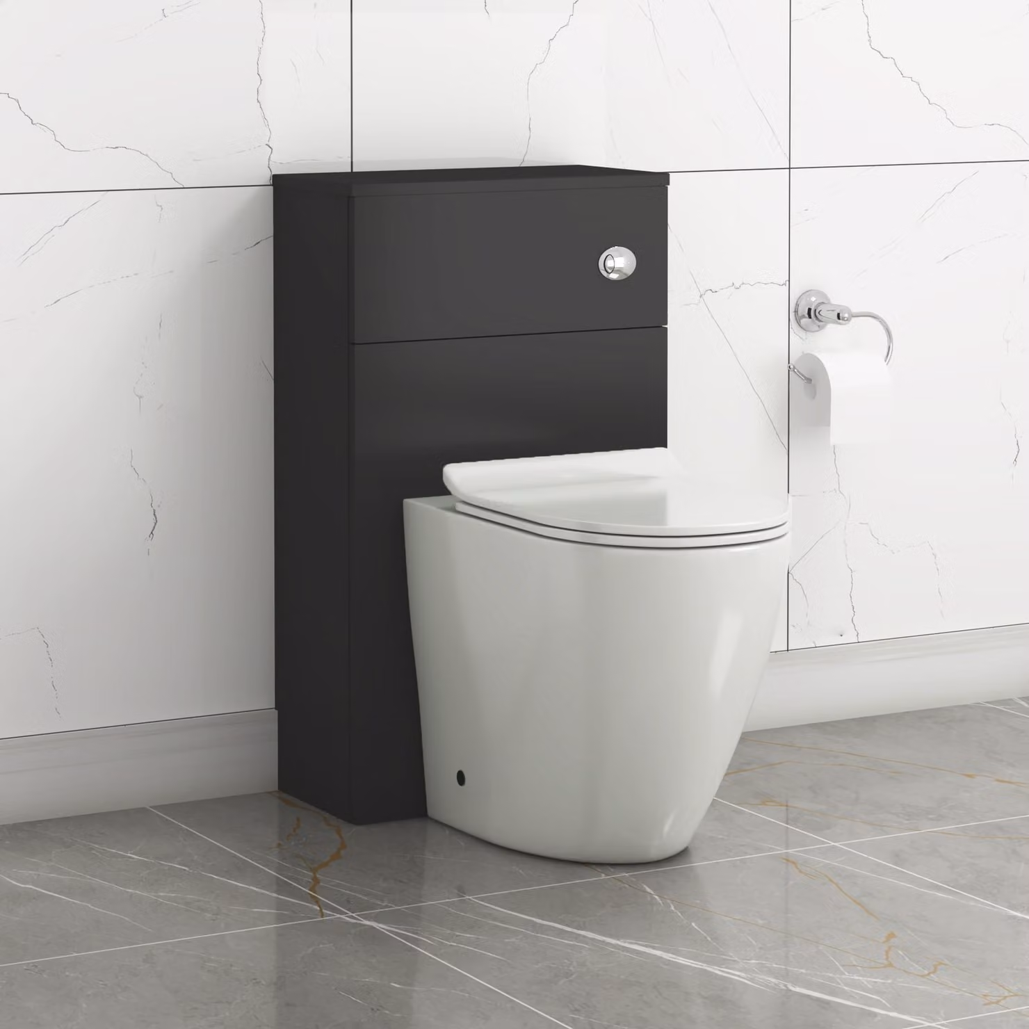 Royal Bathrooms Turin 500mm Matte Black BTW WC Unit with Elva Rimless Short Projection Ceramic Toilet Pan, Slim Soft Close Seat and Cistern