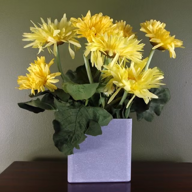 Yellow Artificial Potted Daisy Flowering Plant in a Grey Square Pot, W/D/H: 12.0 x 12.0 x 12.0 cm