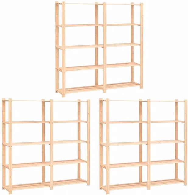 Berkfield Home Set of 3 Beige 5-Tier Solid Pinewood Storage Racks, W/D/H: 170 x 38 x 170 cm