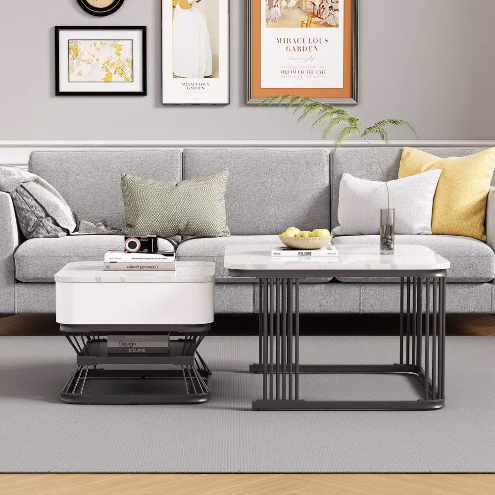 BTM Nesting Coffee Table Set with Marble Effect and Drawer Storage in White and Black – 6