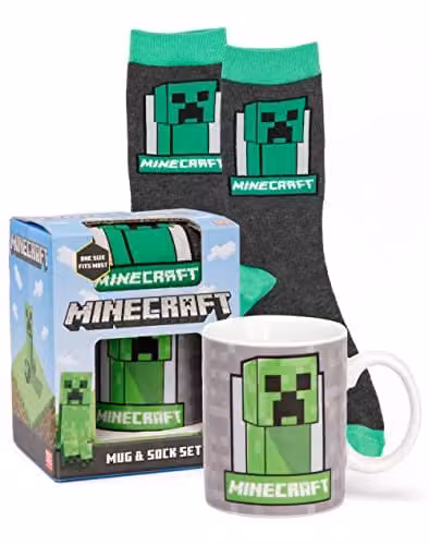 Minecraft Creeper Face Mug and Socks Gift Set for Kids in Green and Grey