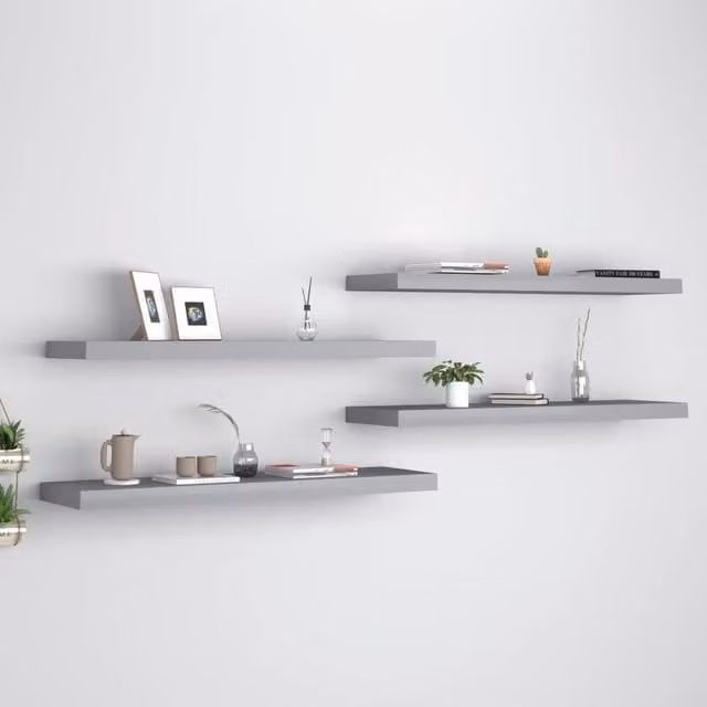 Berkfield Home Set of 4 Grey Floating Wall Shelves, W/D/H: 90 x 23.5 x 3.8 cm