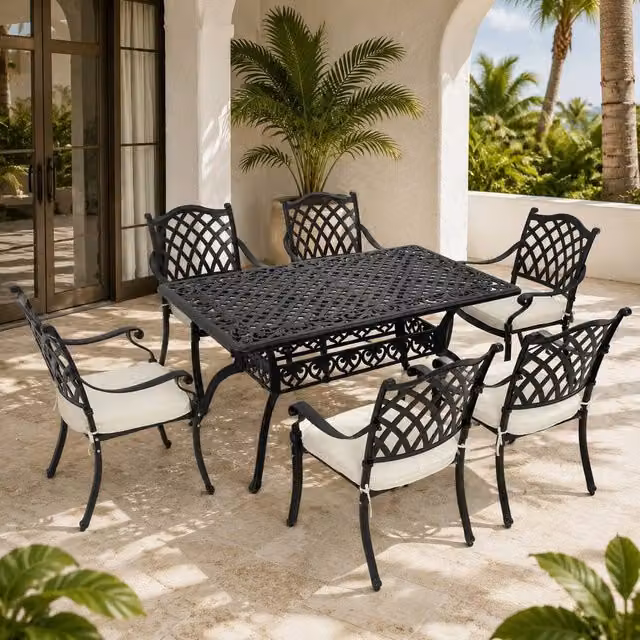 STILVORA Modern Metal Dining Set with Umbrella Hole in Matt Black – 1