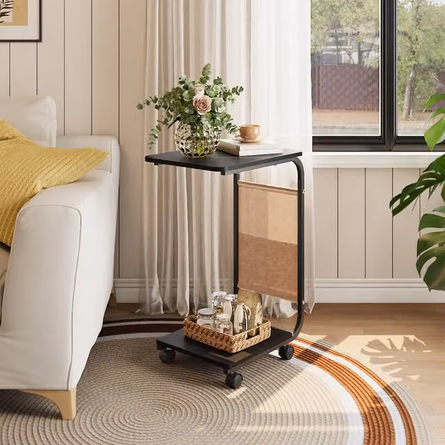 Livingandhome C-Shaped Side Table with Storage Pocket in Black