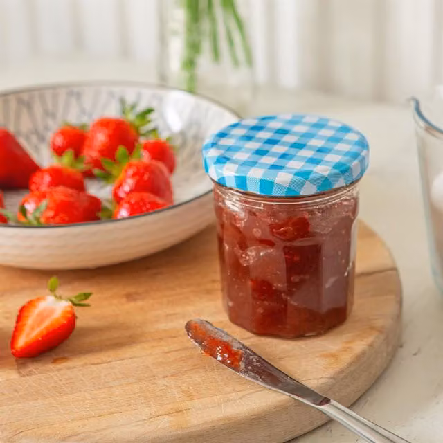 Argon Tableware Blue and White Gingham Glass Jam Jars with Metal Screw Lids, 250ml, Pack of 6