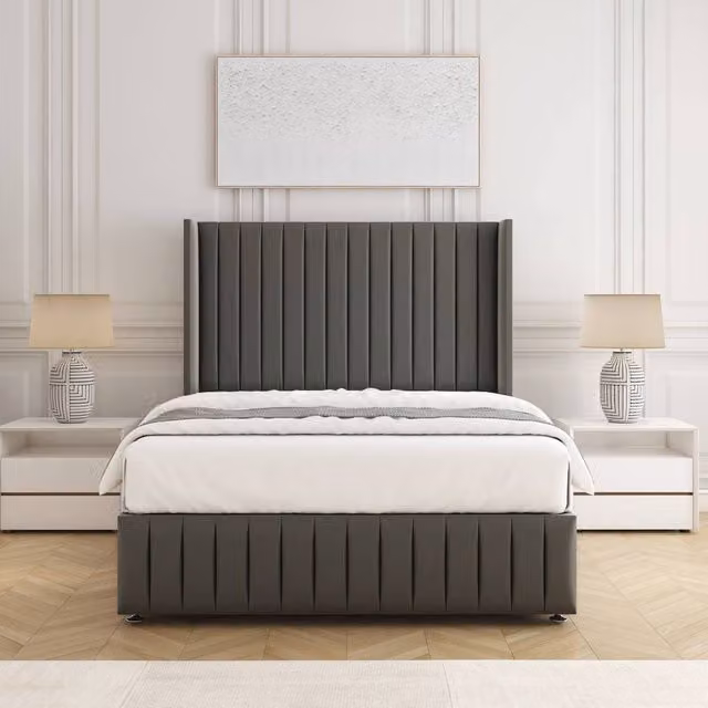 BSSPOKE Luna Super King Plush Velvet Divan Bed with Headboard and Mattress in Grey, W/D/H: 200 x 200 cm