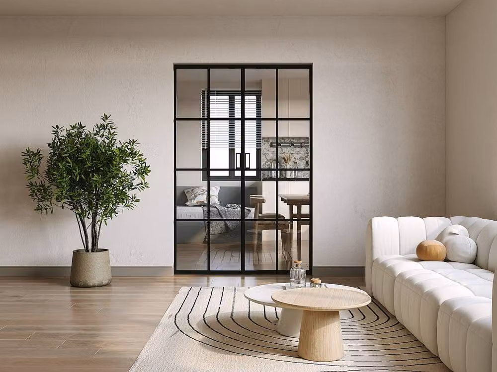 Vente-unique Modern Double Sliding Door with Pocket System in Black Aluminium and Tempered Glass – 2