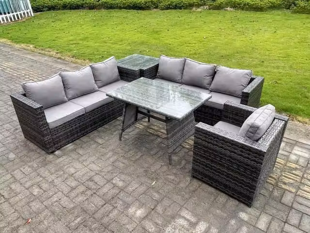 Fimous 7 Seater Wicker PE Rattan Garden Dining Set with Patio Dining Table and Side Table in Dark Grey