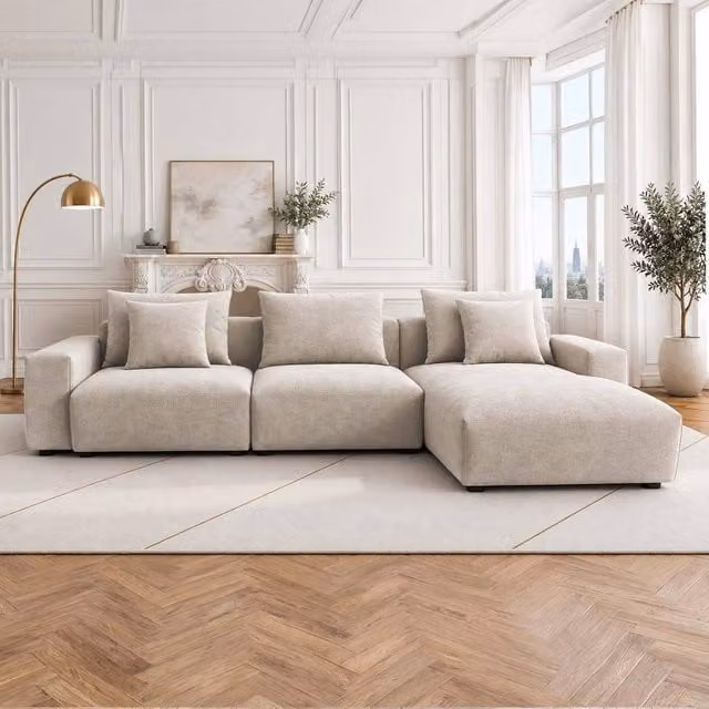 Furnishings For Less UK Mayfield Beige Fabric Universal Corner Sofa with Reversible Chaise and Scatter Cushions