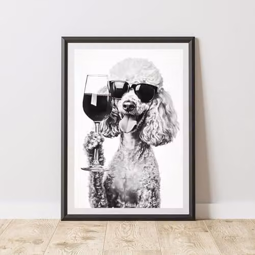 60 Second Makeover Funny Poodle Drinking Wine Paper Poster, Black and White, A3