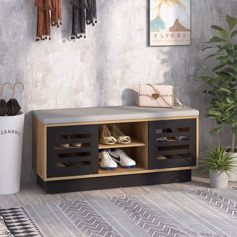 FORGEVIO Wooden Shoe Bench and Storage Cabinet Organizer with Multicolour Fabric Stool Shelves – 3
