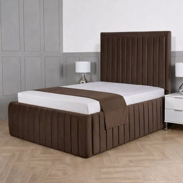Living Comfort Bedz Saint Germain Plush Upholstered Single Bed with Slatted Base and 48 Inch Headboard in Brown