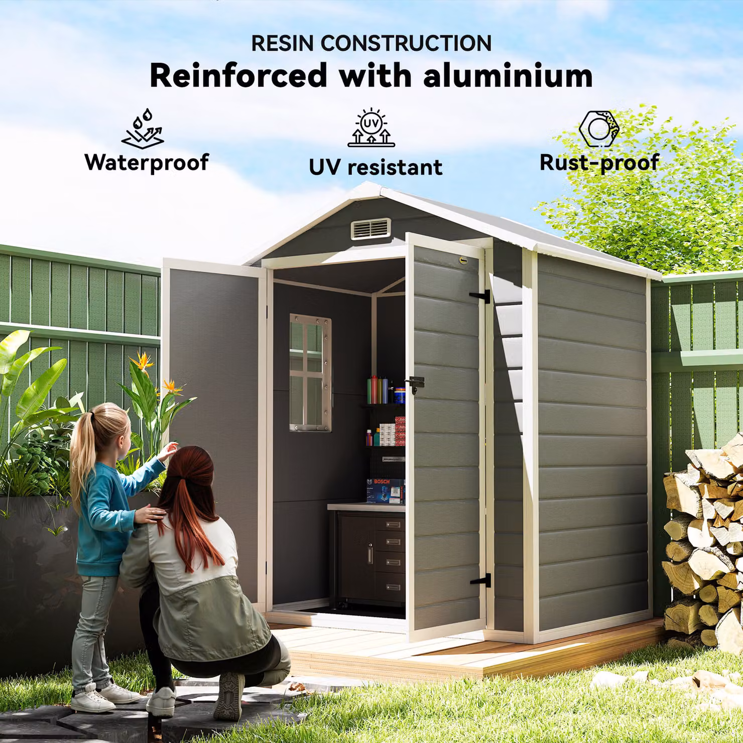 Outsunny Grey Outdoor Storage Shed with Lockable Double Doors and Plastic Roof, W/D/H: 182.88 x 137.16 x 210.0 cm – 6