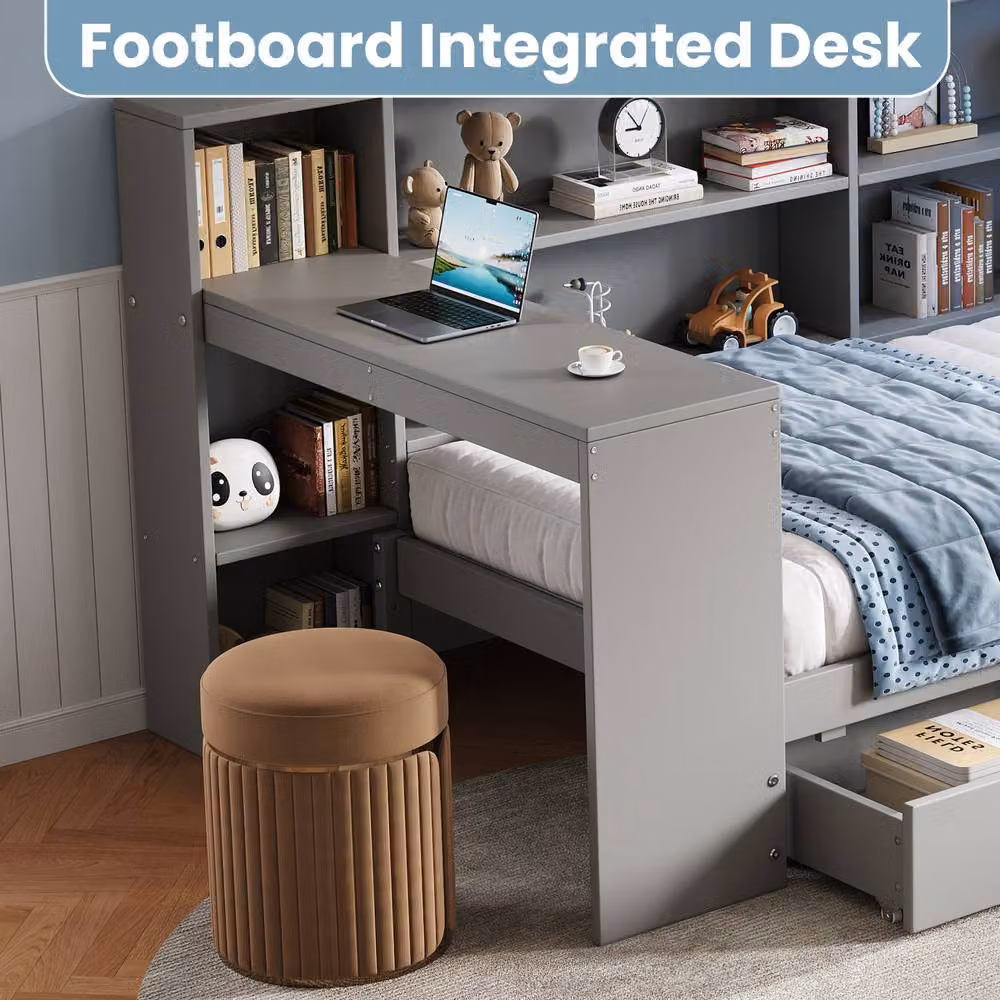 ModernLuxe L-shaped single daybed in grey with desk, drawers, LED storage headboard, USB charging port and bedside shelf, W/D/H: 190 x 90 x 118 cm – 2