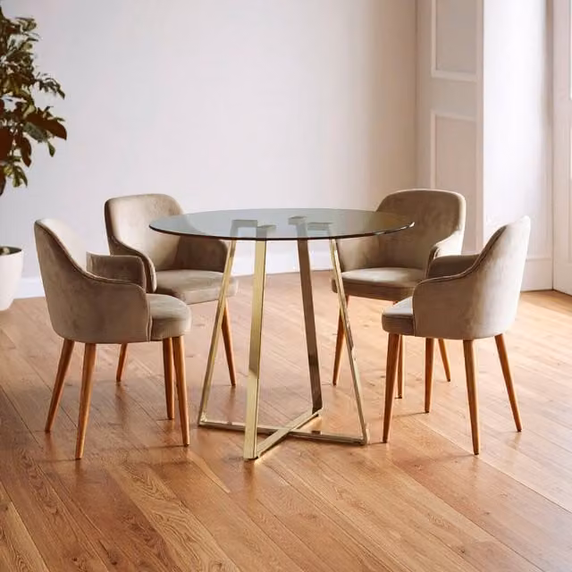Orsina Modern Round Glass Dining Table with Gold X-Frame Base – 1