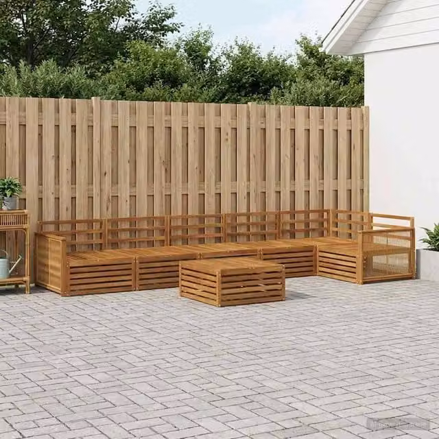 Berkfield Home 7 Piece Outdoor Sofa Set in Brown Solid Acacia Wood with Cushions and Ottoman – 1