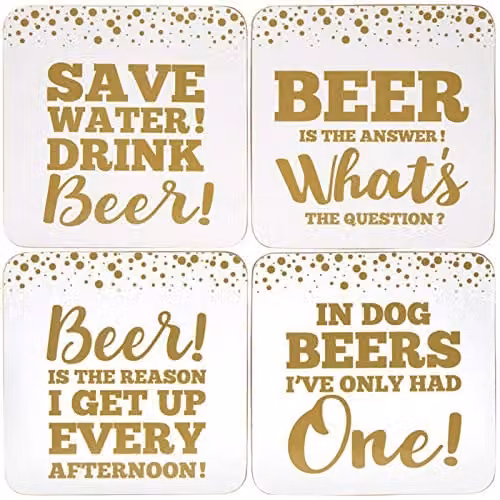 Lesser & Pavey Set of 4 Beer Quote Novelty Cork Coasters in White and Gold, Square
