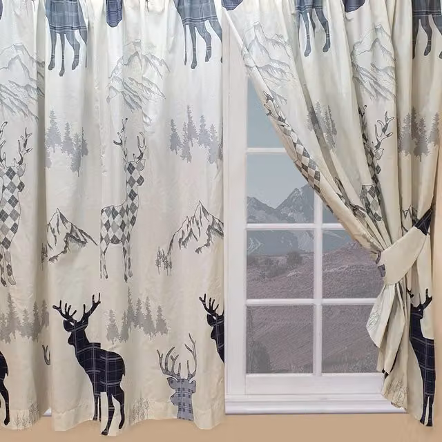 My Home Highland Stag Checked Pencil Pleat Curtain Pair in Grey and Blue