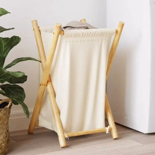 EONLION Collapsible Laundry Basket in White with Bamboo and Fabric, W/D/H: 41.5 x 36 x 63.5 cm