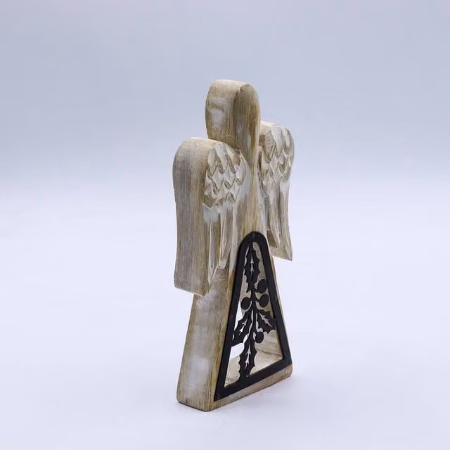 Serenityy Mango Wood Angel Decoration in Whitewash with White Iron Holly Cut-Out