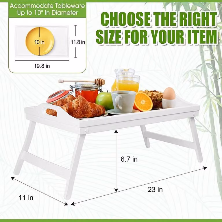 Mantraraj White Bamboo Breakfast Bed Tray Table with Handles and Foldable Legs