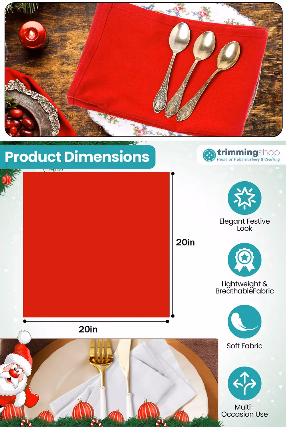 Neel Blue Red Christmas Table Napkin in Blue and Red Spun Polyester, W/D/H: 50.8 x 50.8 x 0.1 cm – 2