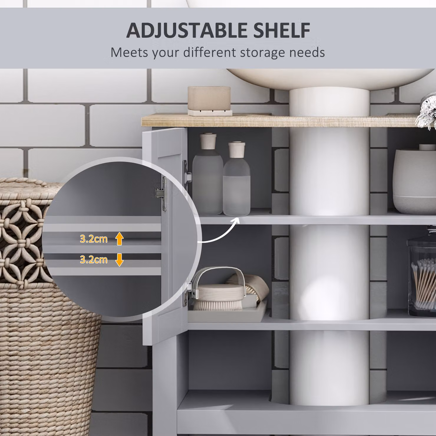 Kleankin Grey Bathroom Vanity Unit with Under Sink Storage Cupboard and Adjustable Internal Shelf – 3