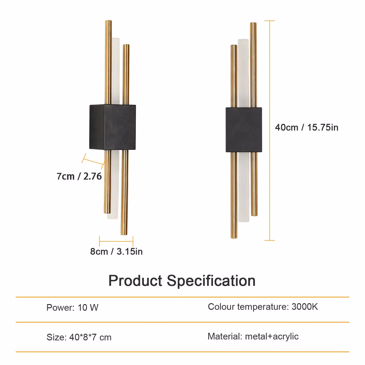 Pheashine Modern LED Wall Light, 10W Warm White 3000K, Up and Down Rectangular Metal Sconce in Black or Gold/Brass – 2