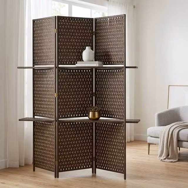 STILVORA 4-Panel Retro Room Divider with Shelves in Brown Wood and Rattan, H 181 cm x W 180 cm