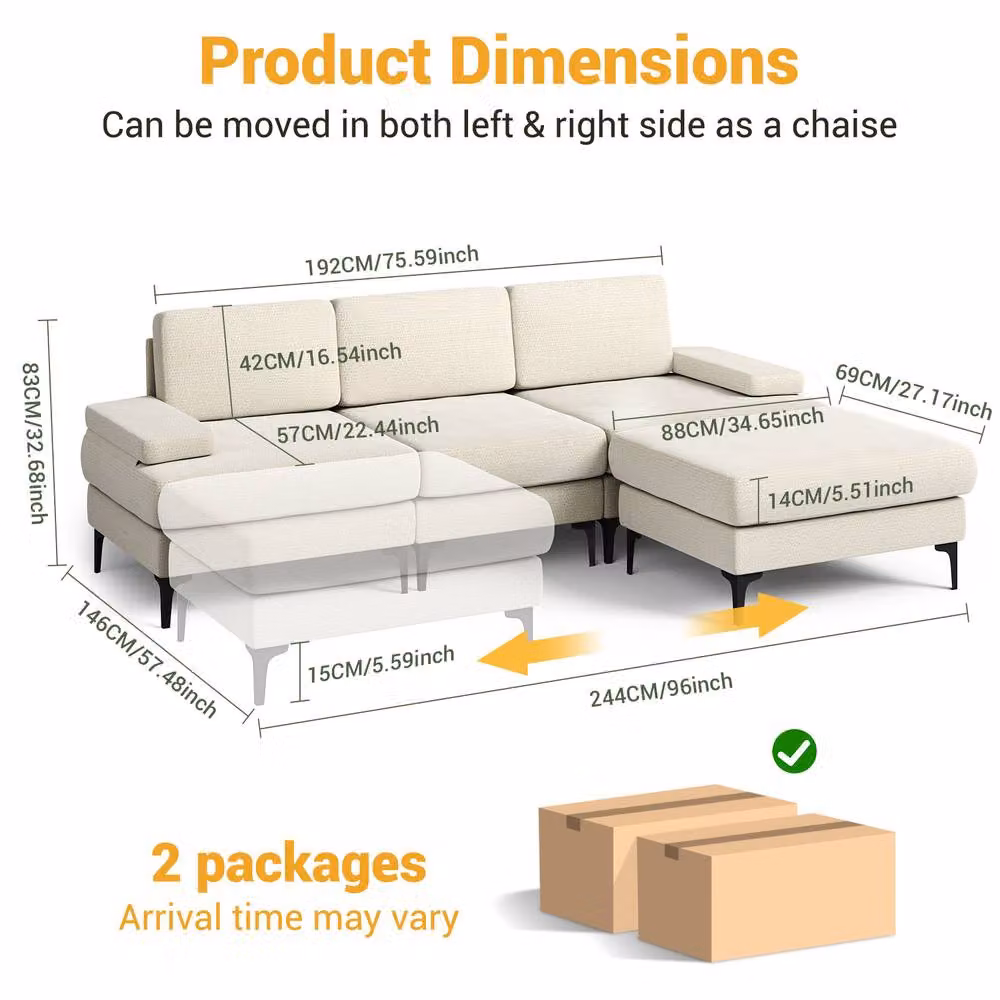 Dprodo 4 Seater L-Shape Corner Sofa Set in Beige Chenille Fabric – 2