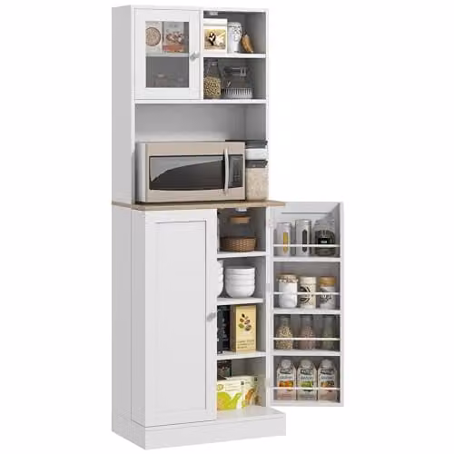 HOMCOM Tall White Kitchen Pantry Storage Cabinet with Glass Doors and Microwave Shelf, H 169 x W 60 x D 35 cm – 1