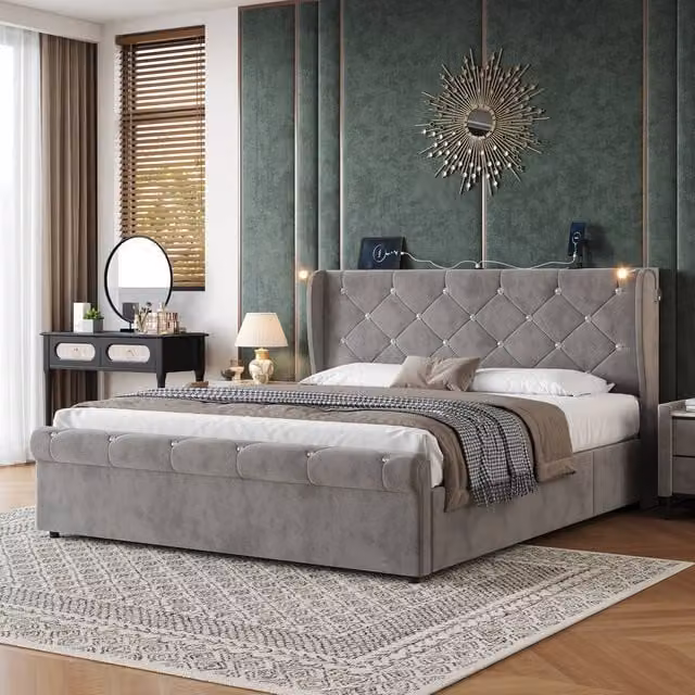 Merax Grey Velvet Double Ottoman Storage Bed with Integrated Reading Light and USB Charging Port, W: 140 cm, D: 200 cm