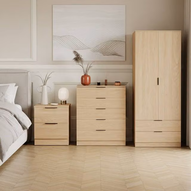 Home Discount Vida Designs Trega 3 Piece Brown Bedroom Set including Wardrobe, 5 Drawer Chest and 2 Bedside Tables