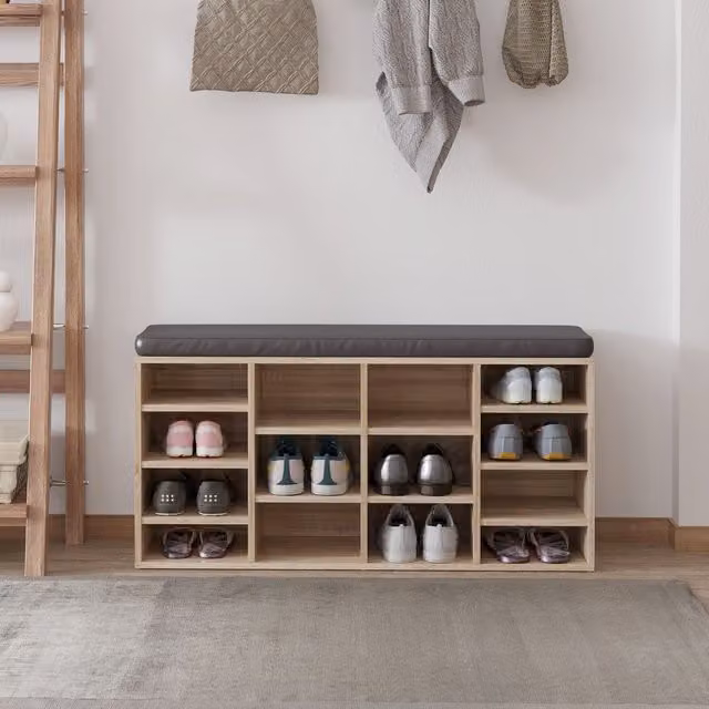 HOMCOM Modern Shoe Rack with Adjustable Shelves and Synthetic Leather Cushion in Sand and Brown, W/D/H: 103.5 x 30 x 48 cm – 1