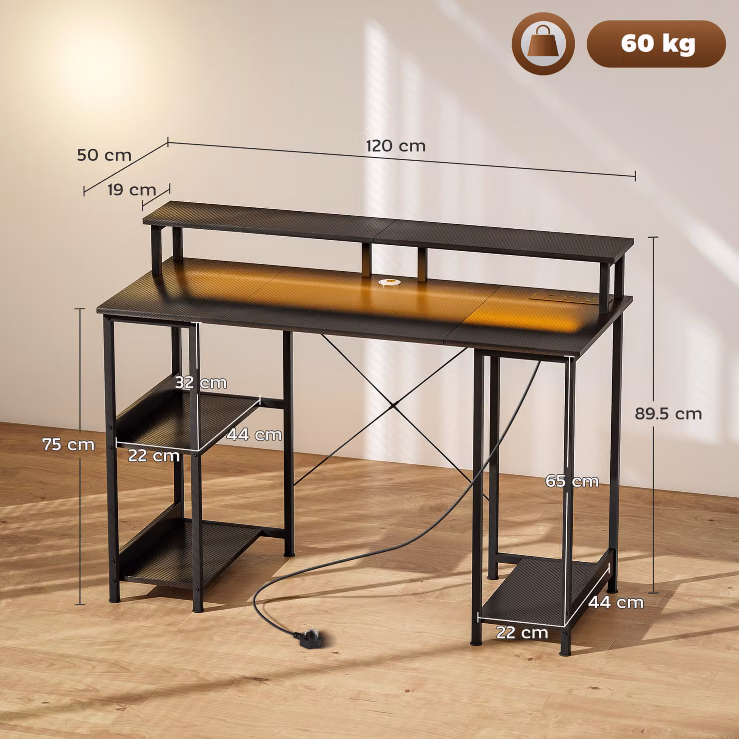HOMCOM Modern LED Computer Desk with Power Outlets and Shelves in Grey and Black, W/D/H: 120 x 60 x 89.5 cm – 3