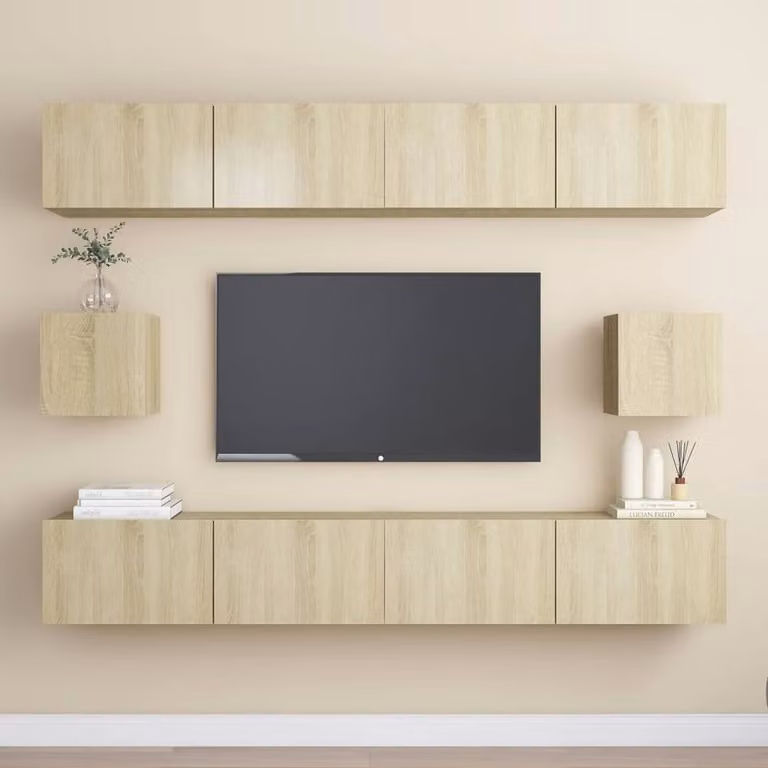 Berkfield Home Practical 6 Piece TV Cabinet Set in Light Oak and Brown, Modern MDF Living Room Furniture