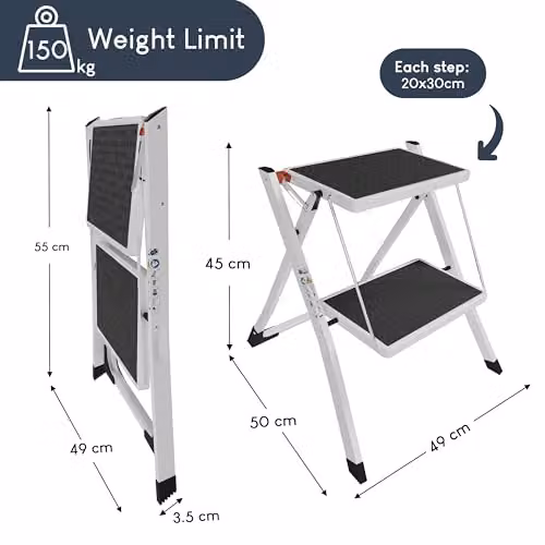 Home Vida 2 Step Folding Steel Ladder with Anti-Slip Mats and Handle, White – 2