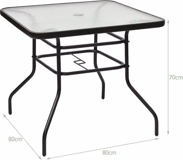 Costway Modern Square Patio Dining Table with Glass Top and Powder Coated Steel Frame in Black