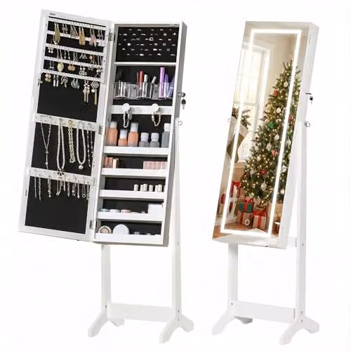 HOMCOM Lockable Jewellery Cabinet with LED Light and Mirror, White, H 151.5 x W 46.0 x D 36.5 cm