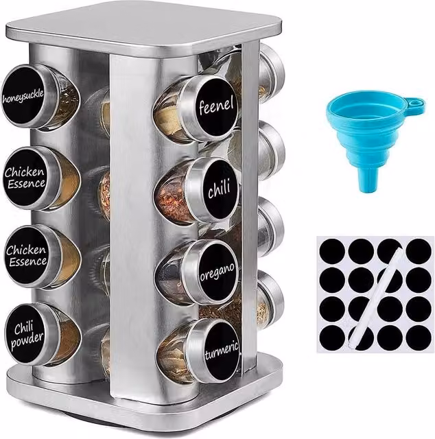 Pawnora Stainless Steel Revolving Spice Rack with Glass Jars in Silver